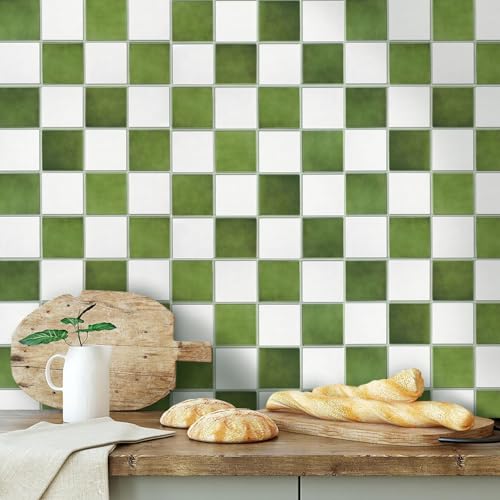 Commomy 10 Pcs Matte 3D Peel and Stick Tile 11.8"x11.8" Ultralight PVC Square Peel and Stick Backsplash for Kitchen Stick on Tiles for Bathroom,Living Room,Fireplace Wall Decor,Green and White - Image 2