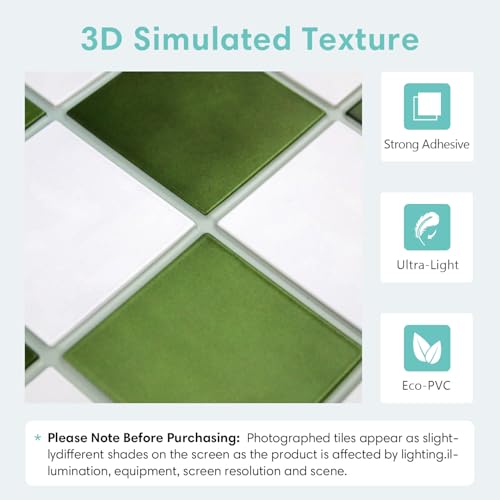 Commomy 10 Pcs Matte 3D Peel and Stick Tile 11.8"x11.8" Ultralight PVC Square Peel and Stick Backsplash for Kitchen Stick on Tiles for Bathroom,Living Room,Fireplace Wall Decor,Green and White - Image 3