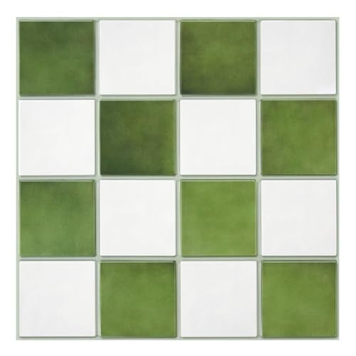 Commomy 10 Pcs Matte 3D Peel and Stick Tile 11.8"x11.8" Ultralight PVC Square Peel and Stick Backsplash for Kitchen Stick on Tiles for Bathroom,Living Room,Fireplace Wall Decor,Green and White - Image 1