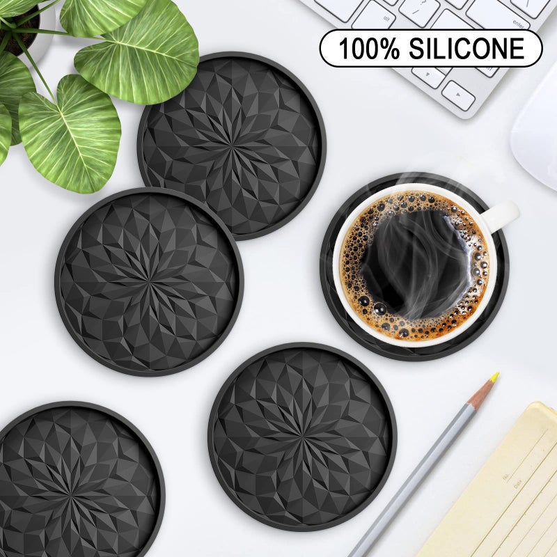 ME.FAN Silicone Coasters [6 Pack] Coasters with Holder - Drinking Coasters - Cup Mat for Drinks - Live for Hot or Cold Drink Thickened, Non-Slip, Non-Stick, Deep Tray Black - Image 2
