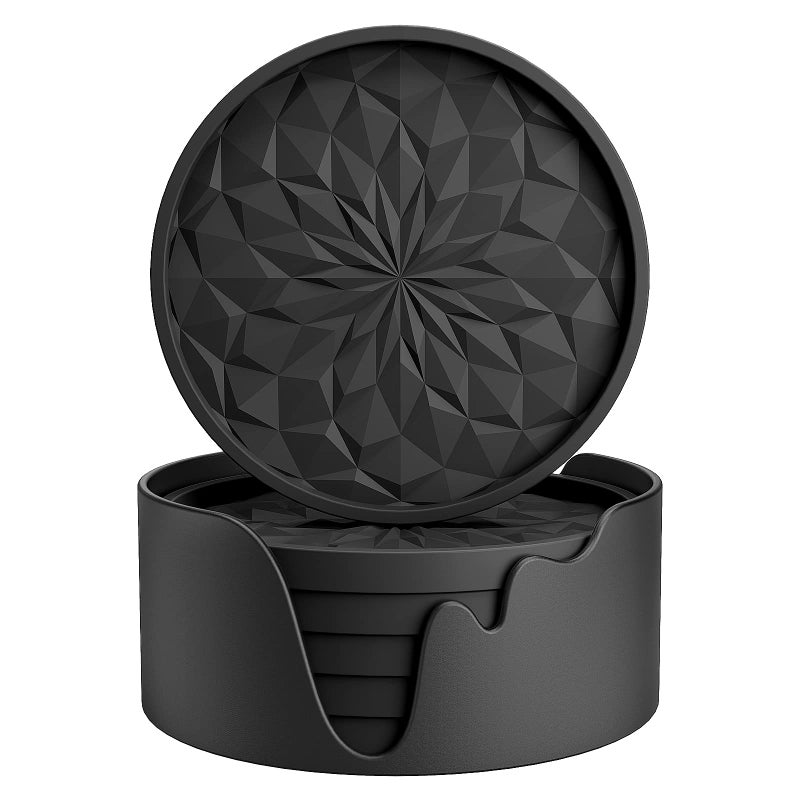 ME.FAN Silicone Coasters [6 Pack] Coasters with Holder - Drinking Coasters - Cup Mat for Drinks - Live for Hot or Cold Drink Thickened, Non-Slip, Non-Stick, Deep Tray Black - Image 1