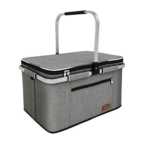 LIQING 35L Large Picnic Basket 2 Layers of Internal Pockets Leak-Proof and Insulated ，Folding with Internal Support for enhansed Stability, Wedding Gifts for Couple(Grey) - Image 1