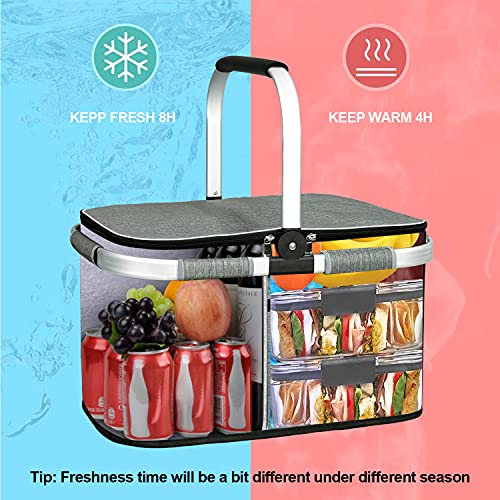 LIQING 35L Large Picnic Basket 2 Layers of Internal Pockets Leak-Proof and Insulated ，Folding with Internal Support for enhansed Stability, Wedding Gifts for Couple(Grey) - Image 4