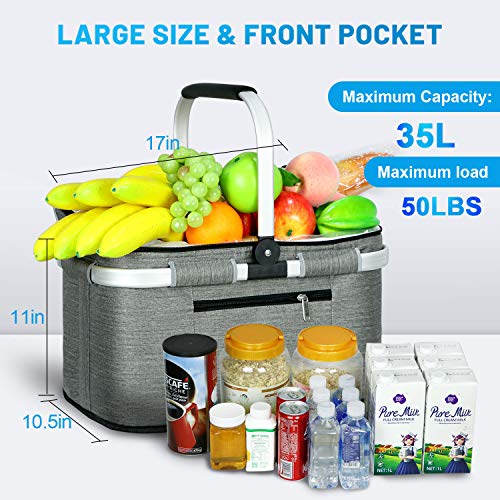 LIQING 35L Large Picnic Basket 2 Layers of Internal Pockets Leak-Proof and Insulated ，Folding with Internal Support for enhansed Stability, Wedding Gifts for Couple(Grey) - Image 2