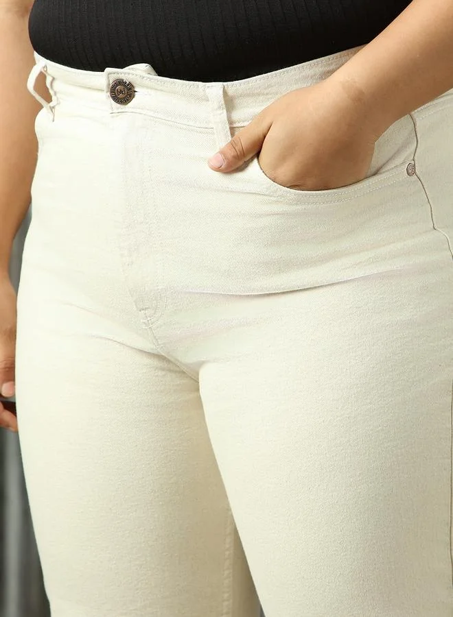 HIGH STAR Women's Beige Cotton Blend Washed Straight Fit Jeans