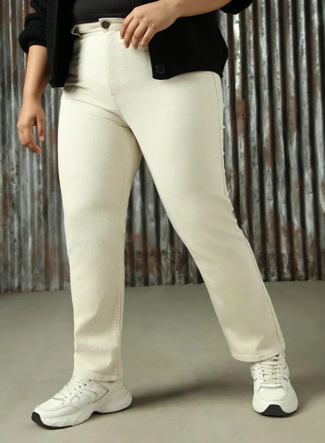HIGH STAR Women's Beige Cotton Blend Washed Straight Fit Jeans