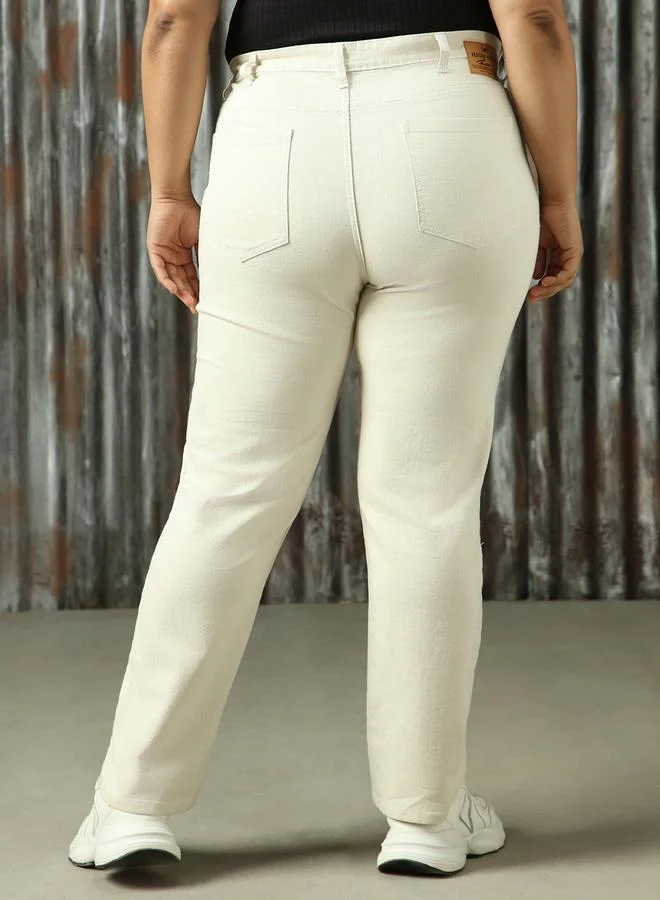 HIGH STAR Women's Beige Cotton Blend Washed Straight Fit Jeans