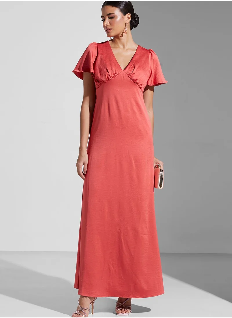 Maya Plunge Neck Ruffle Sleeve Dress