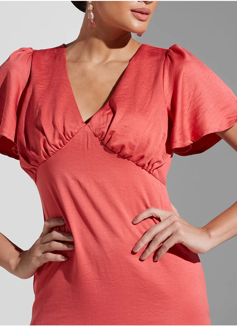 Maya Plunge Neck Ruffle Sleeve Dress