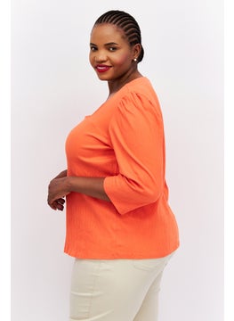 Bar III Women Plus Size Square Neck Short Sleeves Plain Top, Orange  - Image 3
