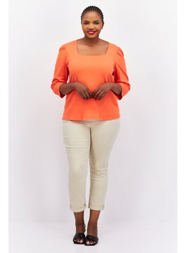 Bar III Women Plus Size Square Neck Short Sleeves Plain Top, Orange  - Image 4