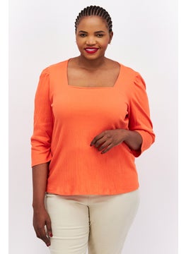 Bar III Women Plus Size Square Neck Short Sleeves Plain Top, Orange  - Image 1
