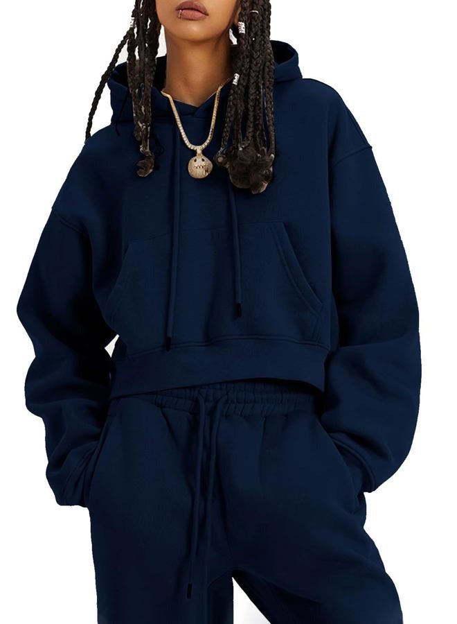 Flygo Womens Fleece 2 Piece Outfits Sweatsuit Crop Pullover Sweatshirt Joggers Pants Tracksuit Set(NavyBlue-M) - Image 1