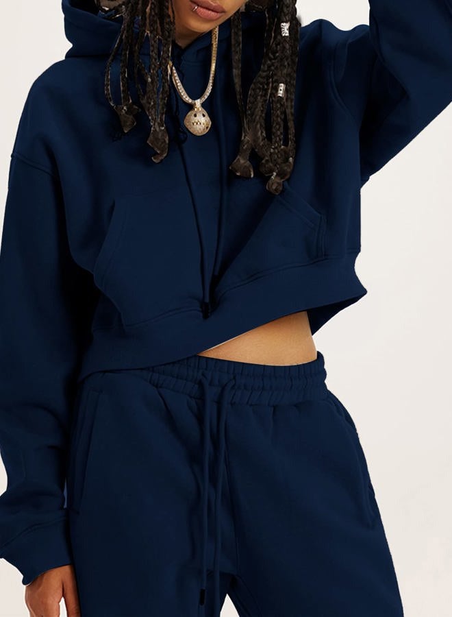 Flygo Womens Fleece 2 Piece Outfits Sweatsuit Crop Pullover Sweatshirt Joggers Pants Tracksuit Set(NavyBlue-M) - Image 3