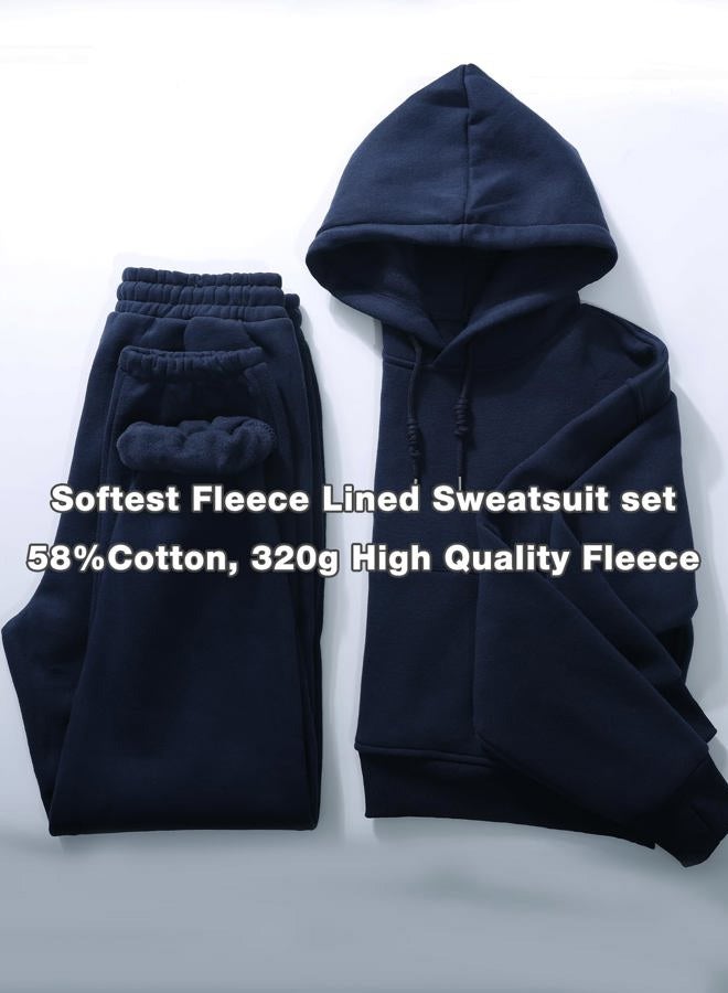 Flygo Womens Fleece 2 Piece Outfits Sweatsuit Crop Pullover Sweatshirt Joggers Pants Tracksuit Set(NavyBlue-M) - Image 2