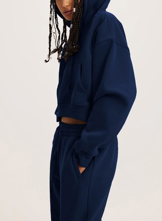 Flygo Womens Fleece 2 Piece Outfits Sweatsuit Crop Pullover Sweatshirt Joggers Pants Tracksuit Set(NavyBlue-M) - Image 4