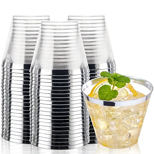 I00000 200pcs Silver Disposable Plastic Cups 9 oz Clear Plastic Cups Old Fashioned Tumblers Silver Rim Cup Disposable Party Cup Elegant Silver Wine Glasses Cocktail Cup - Image 1