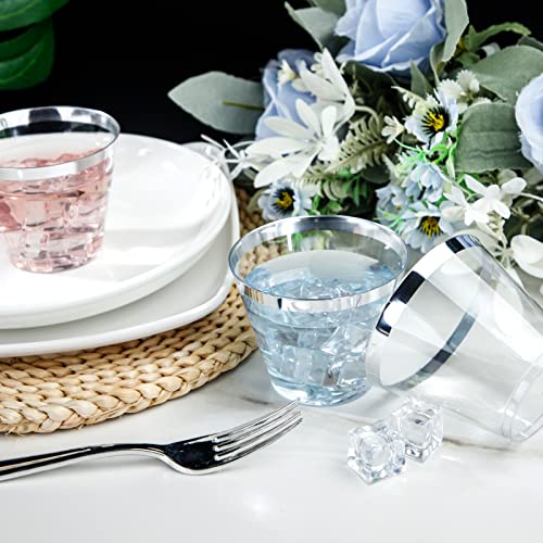 I00000 200pcs Silver Disposable Plastic Cups 9 oz Clear Plastic Cups Old Fashioned Tumblers Silver Rim Cup Disposable Party Cup Elegant Silver Wine Glasses Cocktail Cup - Image 5