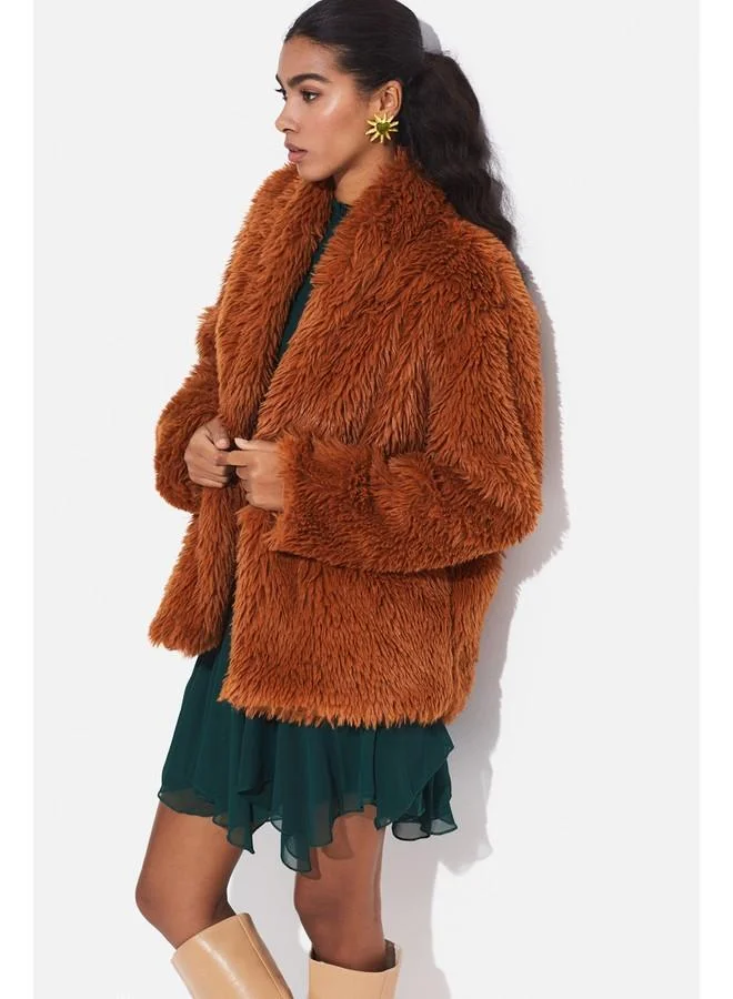 JUNE June Plush Coat Cinnamon