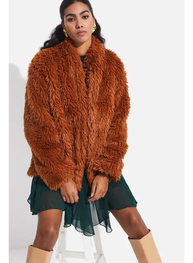 JUNE June Plush Coat Cinnamon