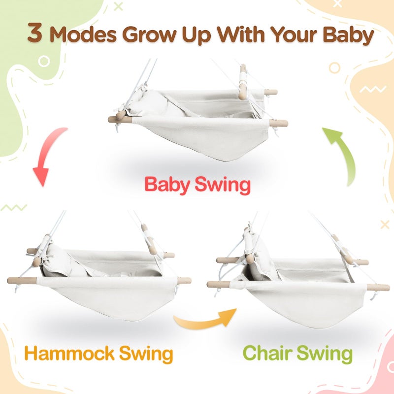 gladswing Baby Swing Indoor and Outdoor, Canvas Hammock Swing for Baby to Toddler with a Comfortable Seat, Macaroon Wooden Toy, Adjustable 5-Point Harness,Gift for Baby Boys Girls, 3 Modes, White - Image 2