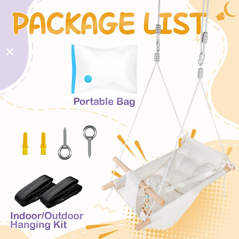 gladswing Baby Swing Indoor and Outdoor, Canvas Hammock Swing for Baby to Toddler with a Comfortable Seat, Macaroon Wooden Toy, Adjustable 5-Point Harness,Gift for Baby Boys Girls, 3 Modes, White - Image 4