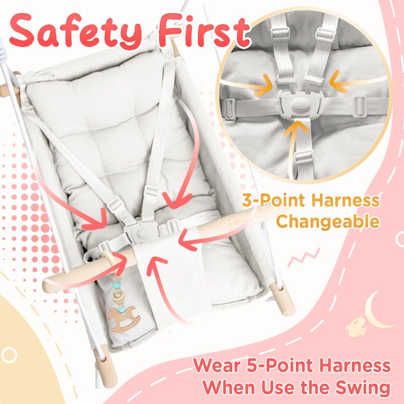 gladswing Baby Swing Indoor and Outdoor, Canvas Hammock Swing for Baby to Toddler with a Comfortable Seat, Macaroon Wooden Toy, Adjustable 5-Point Harness,Gift for Baby Boys Girls, 3 Modes, White - Image 3
