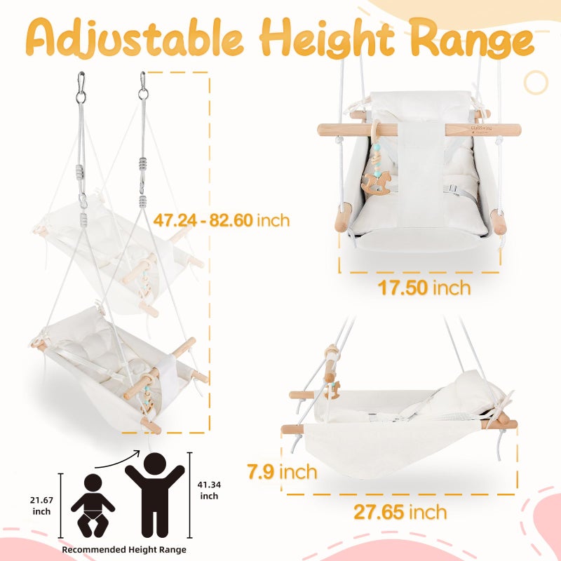 gladswing Baby Swing Indoor and Outdoor, Canvas Hammock Swing for Baby to Toddler with a Comfortable Seat, Macaroon Wooden Toy, Adjustable 5-Point Harness,Gift for Baby Boys Girls, 3 Modes, White - Image 5