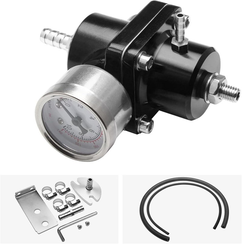 HTRACING Adjustable Fuel Pressure Regulator with Gauge Hose 0-140 PSI Universal 6AN FPR Kit Aluminum Black - Image 1