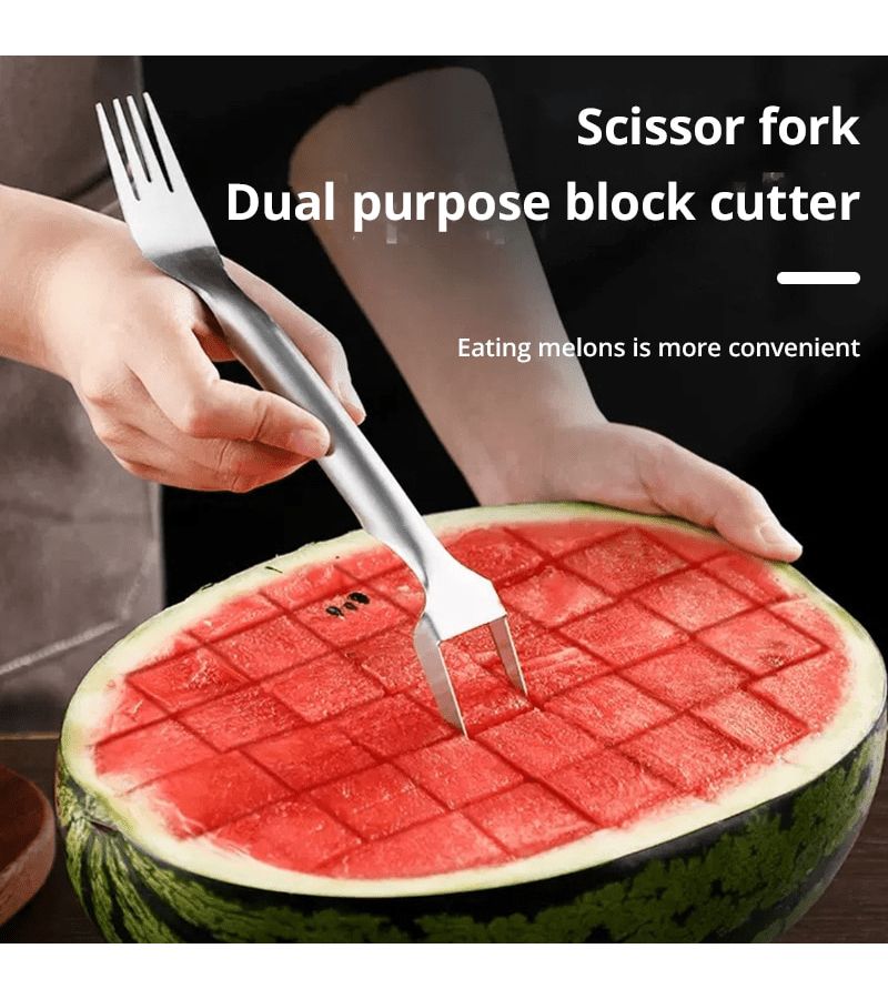 Silver Heavy Duty Watermelon Slicer And Fork With Ergonomic Lever Mechanism - Image 1