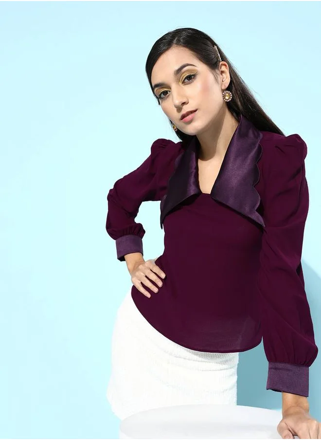 ميش Satin Collar Scallop Edge Top with Puff Sleeves by Styli