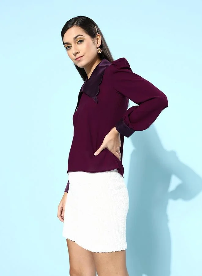Mish Mish Satin Collar Scallop Edge Top with Puff Sleeves