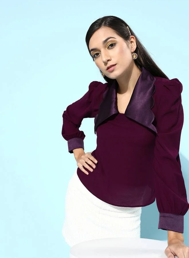 Mish Mish Satin Collar Scallop Edge Top with Puff Sleeves