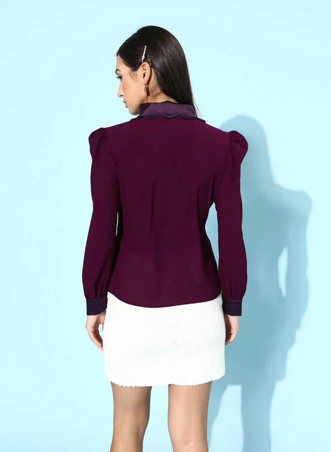 Mish Mish Satin Collar Scallop Edge Top with Puff Sleeves