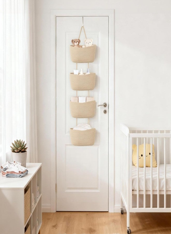 Dahey Over The Door Hanging Basket 4-Tier Woven Boho Wall Mounted Storage Organizer with Hooks for Bedroom Nursery Bathroom Apartments Dorm Pantry Decor, Jute - Image 4