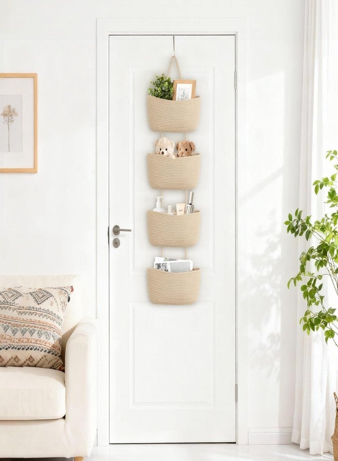 Dahey Over The Door Hanging Basket 4-Tier Woven Boho Wall Mounted Storage Organizer with Hooks for Bedroom Nursery Bathroom Apartments Dorm Pantry Decor, Jute - Image 3