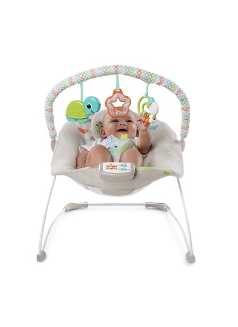 Bright Starts Baby Bouncer Soothing Vibrations Infant Seat - Taggies, Music, Removable -Toy Bar, 0-6 Months Up to 20 lbs (Happy Safari)