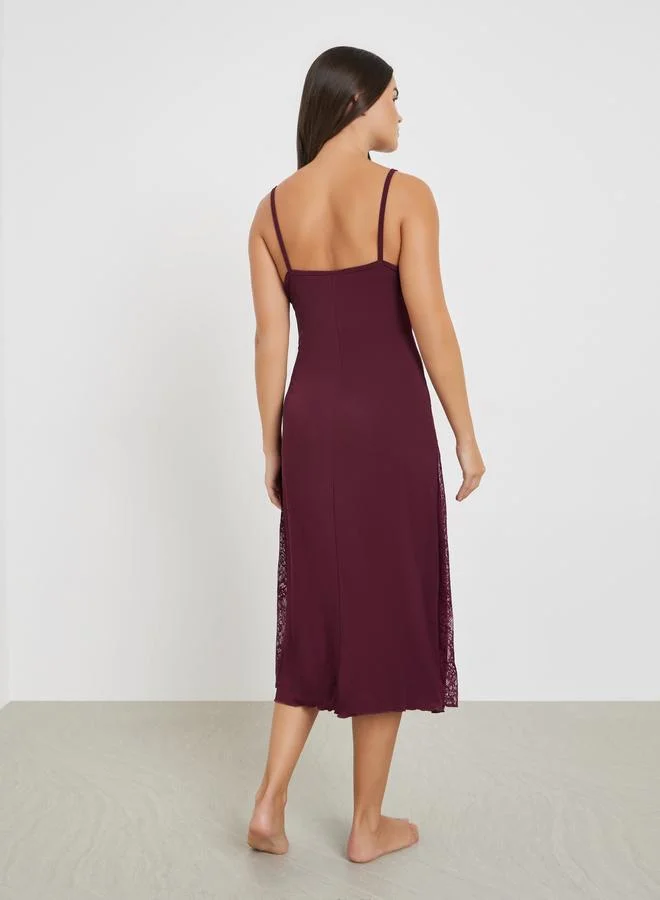 Styli  Burgundy Lace Overlay Strappy Slip Dress for Women | Best Price UAE