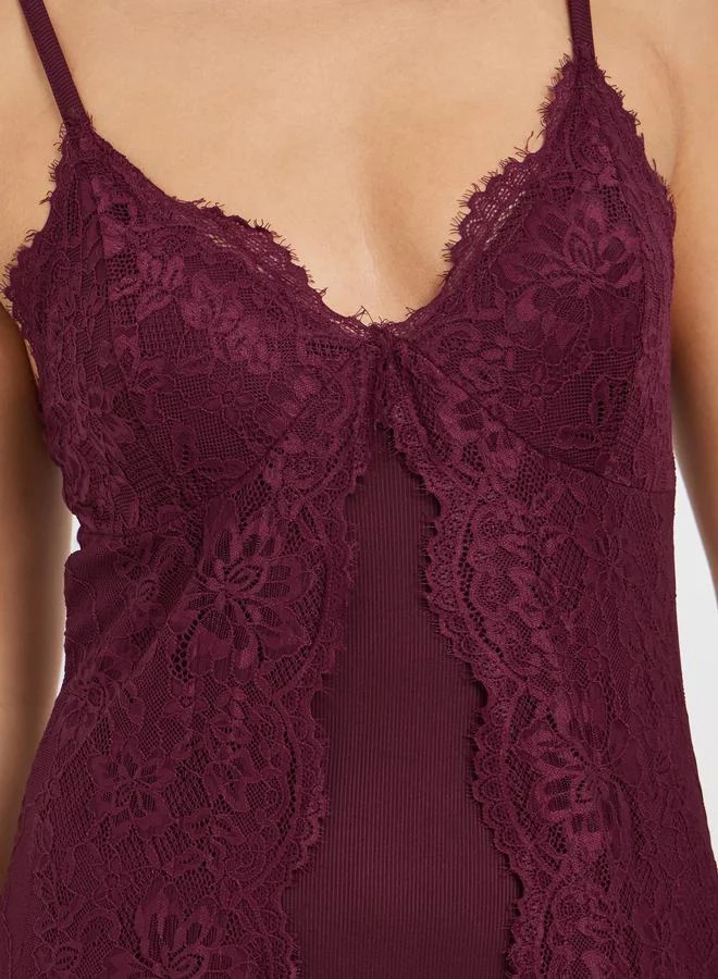 Styli  Burgundy Lace Overlay Strappy Slip Dress for Women | Best Price UAE