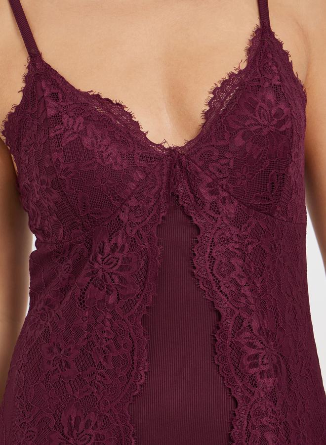 Styli Burgundy Lace Overlay Strappy Slip Dress - Image 3