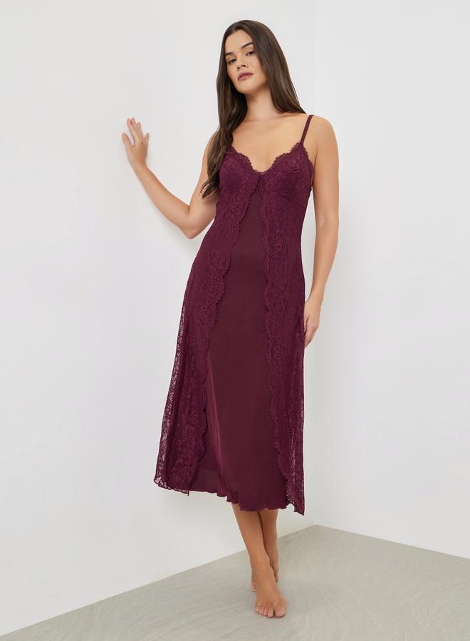 Styli Burgundy Lace Overlay Strappy Slip Dress - Image 1
