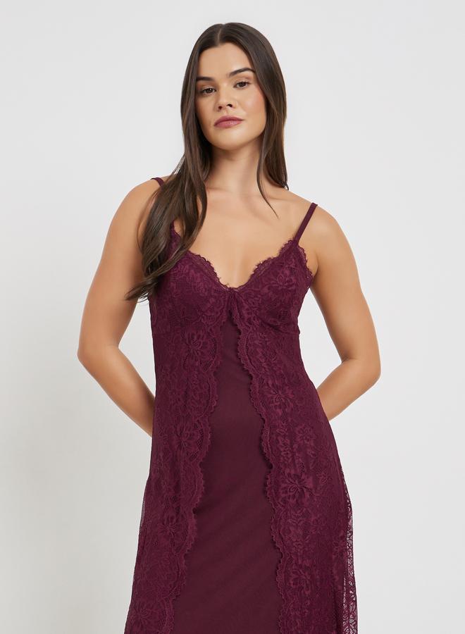 Styli Burgundy Lace Overlay Strappy Slip Dress - Image 2