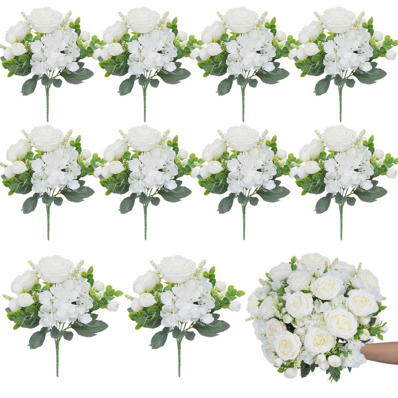 MHMJON 10 Bundles Artificial Peonies, White Hydrangea Artificial Flowers Silk Flowers for Indoor Home Decor Bedroom Kitchen Office Wedding Table Centerpieces - Image 1