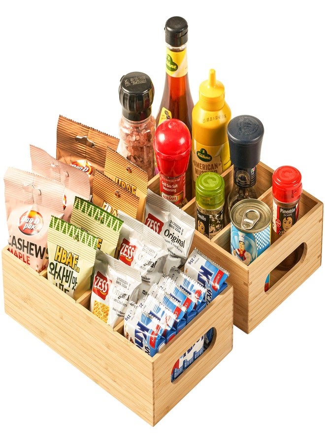 Umilife Bamboo Pantry Organizers and Storage Bins with Removable Dividers, Kitchen Drawer Cabinet Countertop Organization for Snack, Spice Packets, Teabags, Seasoning Pouches (2 Pack) - Image 1