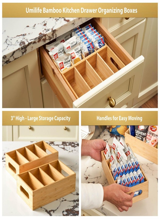 Umilife Bamboo Pantry Organizers and Storage Bins with Removable Dividers, Kitchen Drawer Cabinet Countertop Organization for Snack, Spice Packets, Teabags, Seasoning Pouches (2 Pack) - Image 5