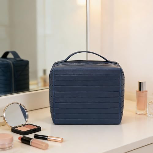 Yechiry Foldable Makeup Bag, Water Proof Makeup Organizer, Large Capacity Travel Size Toiletries with Zip Closure Instantly Lays Flat Cosmetic Case for Women Toiletries Organizer (Navy Blue) - Image 4