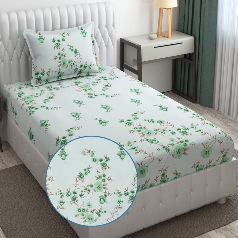 Fresh From Loom Floral Print 240 TC Microfiber Single Bed Bedsheet Set with 1 Pillow Covers Hypoallergenic Soft 60 x 90 inch Cyan Floral Design - Image 1