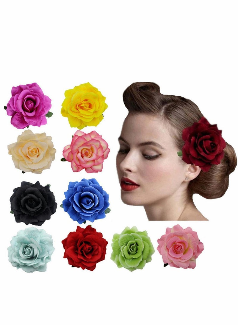 Y&D Rose Flower Hair Clips for Women, 10-Pack Brooch Ladies Girls Party Wedding Bridal Headpiece, Flamenco Dancer  - Image 1