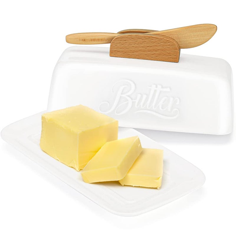 Butter Dish with Lid and Knife Ceramic Butter Holder for Counter Humanized Clampable Knife Handle Design Perfect for East West Coast Butter White