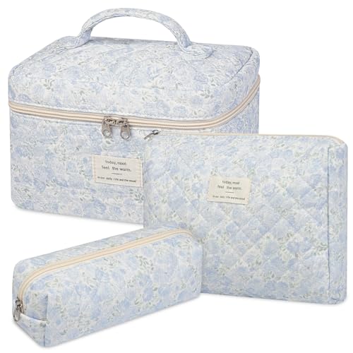 senbowe Floral Makeup Bag 3 Pack Large Cotton Quilted Makeup Bag Set Cute Floral Coquette Aesthetic Toiletry Bag Make Up Cosmetic Bag for Women Toiletry Travel Make Up Organizer Bag - Image 1